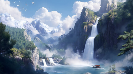 Watercolor painting, beautiful landscape, Chinese ink painting