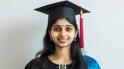 Young indian female graduate in white background