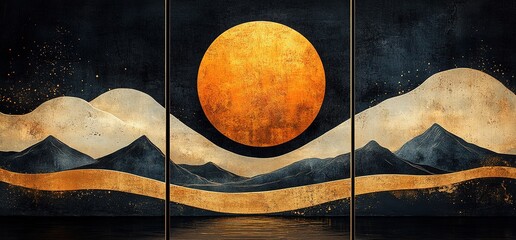 Modern Abstract Mountain Landscape with Golden Accents