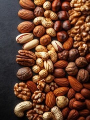 A variety of nuts arranged on a dark surface, showcasing their diverse shapes and textures.