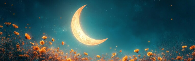 Fototapeta premium A decorative crescent moon framed by golden flowers against a vibrant textured blue background. Ideal for art and decorative projects.
