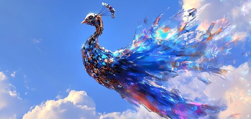 Obraz premium Abstract iridescent peacock, vibrant colors, digital art, fantasy bird, ornate plumage, detailed feathers, glowing, mystical creature.