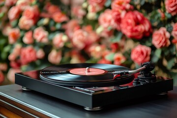 Vinyl record playing on turntable with beautiful roses in background