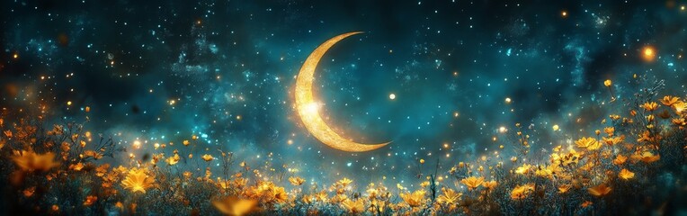 Fototapeta premium A decorative crescent moon framed by golden flowers against a vibrant textured blue background. Ideal for art and decorative projects.