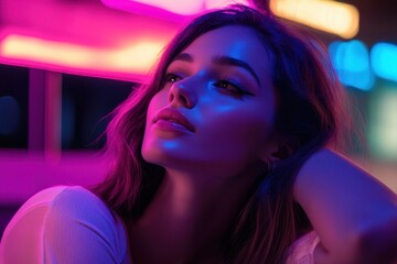 Fototapeta premium Model posing in neon lights during evening hours in an urban setting