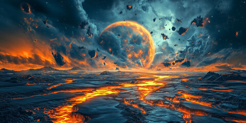 Apocalyptic Landscape with Lava Flow and Fiery Planet