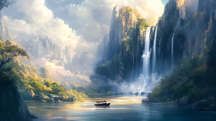 Watercolor painting, beautiful landscape, Chinese ink painting