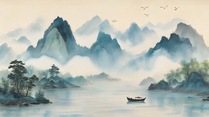 Watercolor painting, beautiful landscape, Chinese ink painting