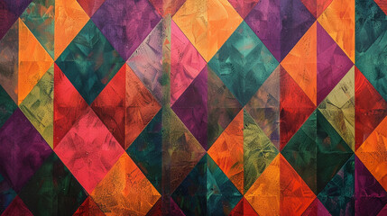 A geometric design featuring tessellated diamonds in vibrant shades of orange, purple, and green.