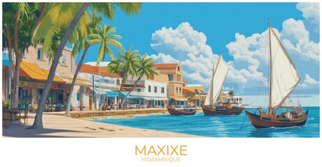 Obraz premium Maxixe Mozambique Travel Poster Flat Illustration Print Decor Gift Canvas Wall Art Gift