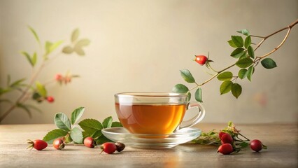 Aromatic Herbal Tea with Rosehips in a Glass Cup and Saucer, Nestled Amongst Freshly Picked Rosehip Berries and Lush Green Foliage on a Rustic Table