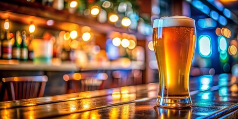 Cold Beer in Glass at Bar, Blurred Background - Drone View Stock Photo