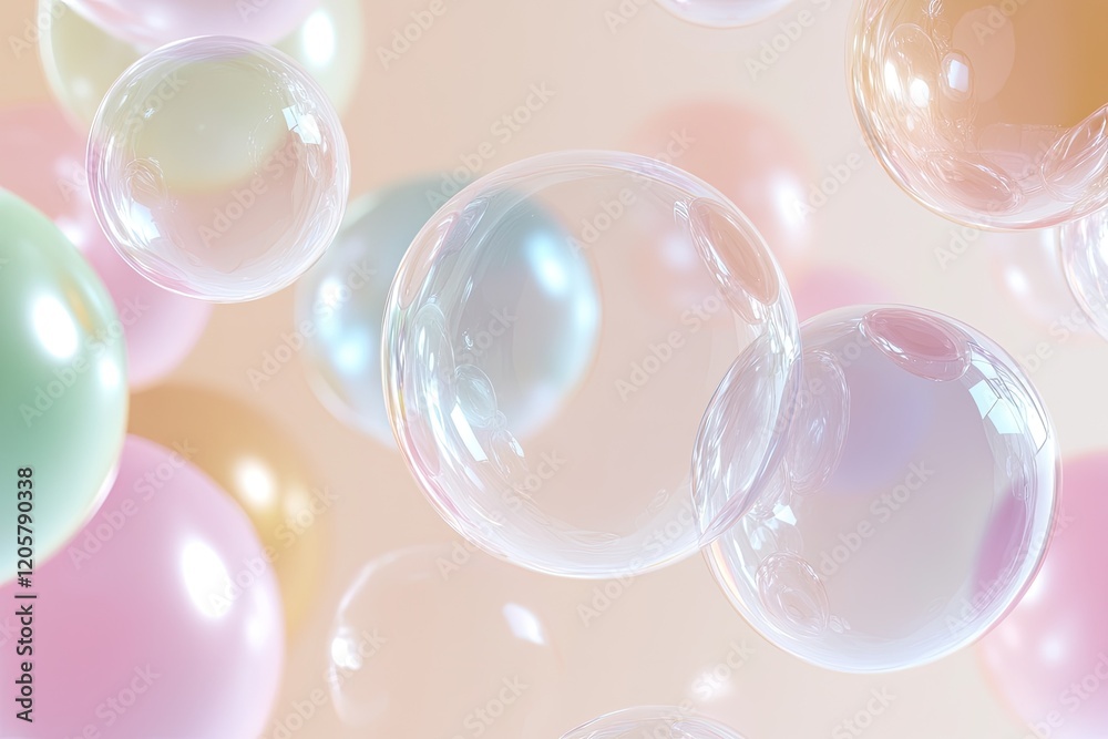 Poster clean and abstract composition of floating translucent spheres on neutral gradient background with c