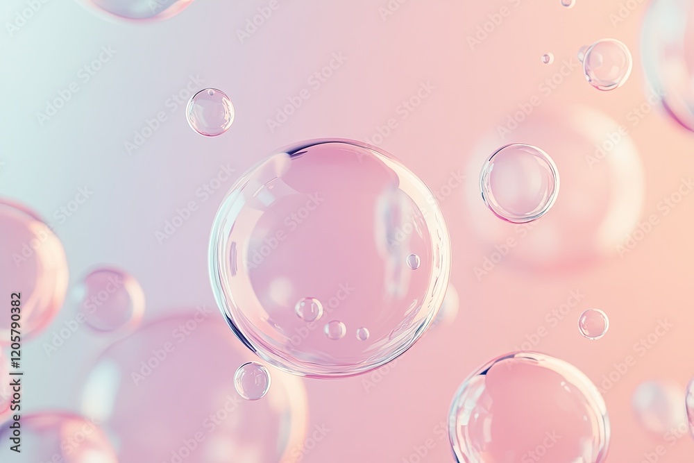 Poster clean and abstract composition of floating translucent spheres on neutral gradient background with c