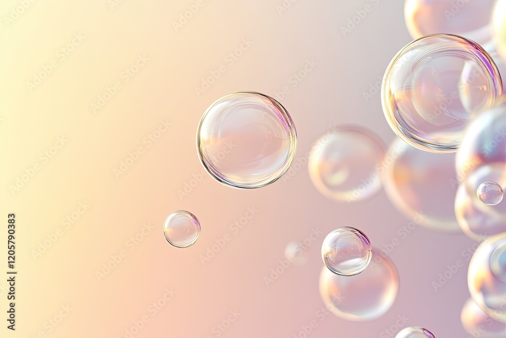 Poster clean and abstract composition of floating translucent spheres on neutral gradient background with c