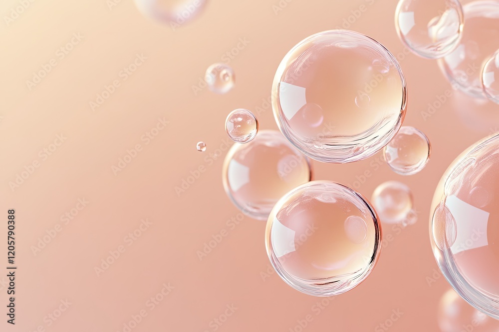 Poster clean and abstract composition of floating translucent spheres on neutral gradient background with c