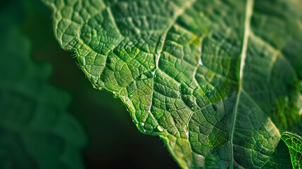 A high-definition macro shot of a droplet of water resting on a green leaf, with intricate reflections of light.