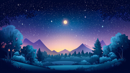 Fototapeta premium A vibrant retro-style nighttime sky with deep blues and purples, bold stars, and a glowing moon over a serene landscape with stylized trees and mountains. 