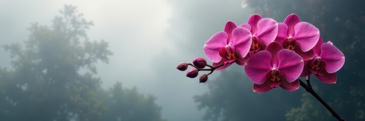 Obraz premium Red orchids and light grey mist create a mystical atmosphere, misty, atmospheric