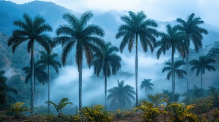 Fototapeta premium Tall rainforest trees towering over lush vegetation with mist and rain blending together