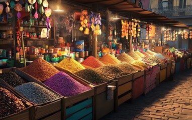 Vibrant spice market stall overflowing with colorful spices and herbs.  Wooden crates display a dazzling array of textures and hues, creating a rich and exotic scene.