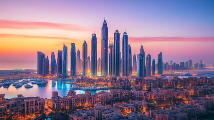 Obraz premium A panoramic view of a vibrant city skyline at sunset, showcasing a mix of towering skyscrapers and modern buildings glowing with lights