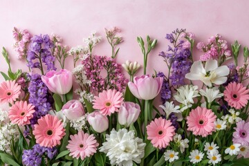 Obraz premium Beautiful spring flowers forming a colorful border on pink background