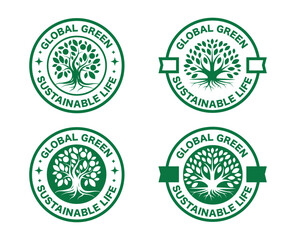Green Circular Badges. Stamp-Style Designs with Text