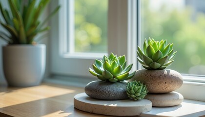 Succulent Arrangement on Wood by a Sunny Window, Perfect for Home Decor Inspiration