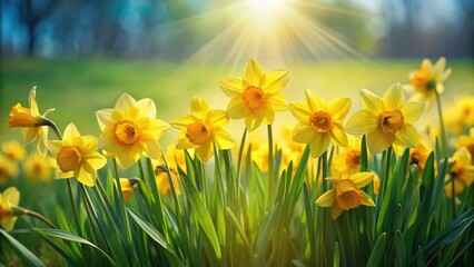 Obraz premium Large cluster of vibrant yellow daffodils swaying gently in the breeze amidst lush green grass and sunshine, field, flowers