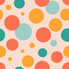 A playful, retro-inspired pattern featuring large, colorful dots in a random but balanced arrangement, with colors like turquoise, coral, and yellow on a pale pink background