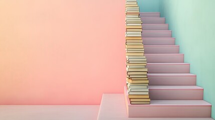 conceptual depiction of staircase made of books leading upwards set against matte pastel surface