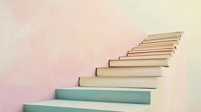 conceptual depiction of staircase made of books leading upwards set against matte pastel surface