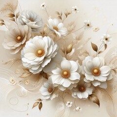 Elegant Floral Arrangement Featuring White and Gold Flowers with Artistic Leaves and Stems in a Soft, Neutral Background Illustrating the Harmony and Tranquility of Nature's Beauty and Serenity