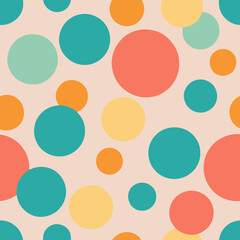 A playful, retro-inspired pattern featuring large, colorful dots in a random but balanced arrangement, with colors like turquoise, coral, and yellow on a pale pink background