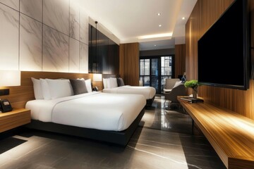 A modern hotel suite with modern furniture. Contemporary, stylish hotel room. Travel. Tourism. Vacation.