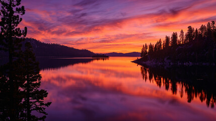 Obraz premium A serene photograph of a calm lake at dusk, with vibrant reflections of orange and purple in the water.
