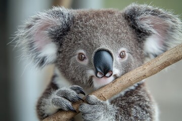 Fototapeta premium detailed close-up of baby koala clutching tree branch with its soft fur and curious eyes in focus