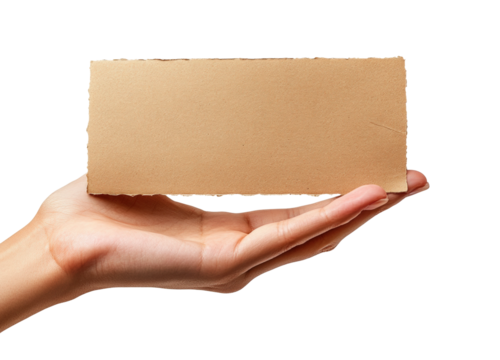 Hand holding blank cardboard placard in minimalistic setting for creative expression and branding