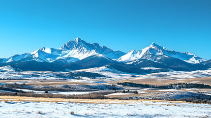 
A snowy mountain range with a clear blue sky in winter, snow covered mountains in winter