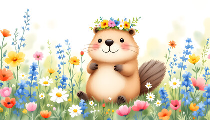 Naklejka premium Adorable Marmot in a Flower Crown