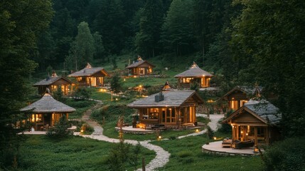A serene eco-lodge in a forest, featuring wooden structures and open spaces