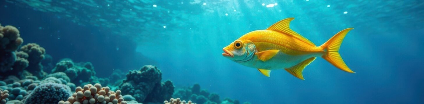 Un oceano azul con un pescado dorado nadando cerca de la superficie, agua cristalina, vida marina, occhio azzurro giallo