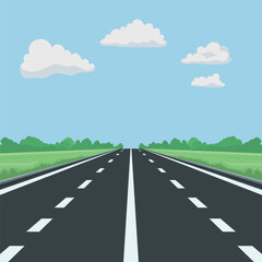 Flat Landscape Design with Road. Scenic Cartoon Highway, Nature Background. Cute Outdoors Scene with Road, Highway, Track, Front View. Vector Illustration