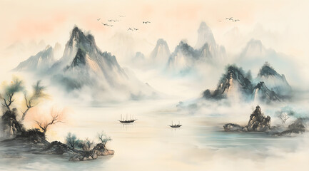 Chinese style ink painting of beautiful landscape	