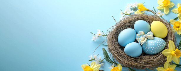 Colorful Easter eggs in a nest with flowers on blue background