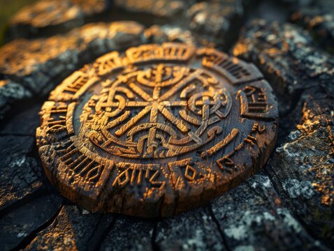 Ancient symbol wooden carving runes nordic viking pattern historic mythology pagan culture art relic artifac