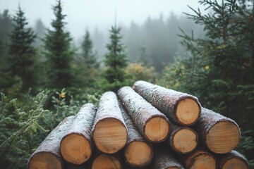 Stack of logs covered with frost in misty forest landscape