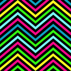 A bold and dynamic zigzag pattern with thick alternating stripes of neon colors like hot pink, lime green, and electric blue, on a black background for contrast
