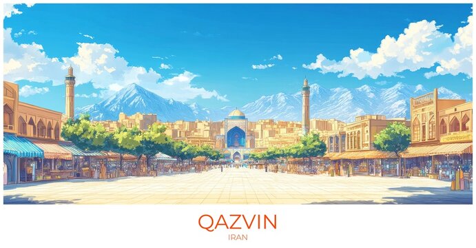 Qazvin Iran Travel Poster Flat Illustration Print Decor Gift Canvas Wall Art Gift
